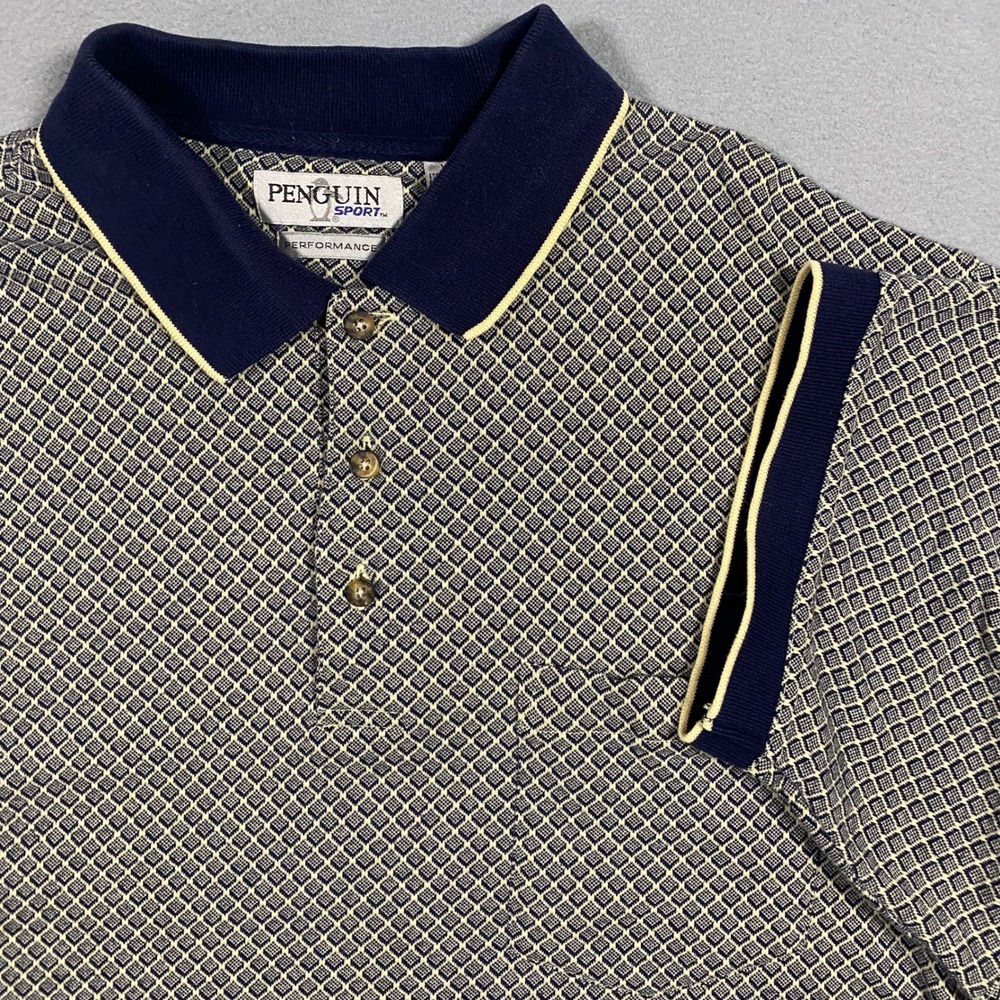 Vintage Penguin Sport Polo Shirt Mens XL Blue Cream Geometric Diamond Pocket